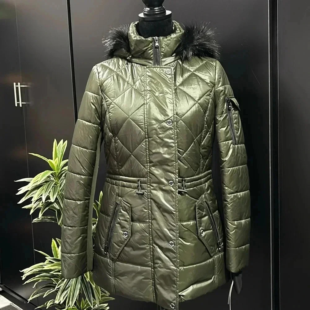 Michael Kors Puffer coat,faux fur removable hood,bungee waist,pockets,knit cuffs